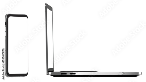 Illustration of a smartphone standing vertically next to a laptop computer in a side view perspective