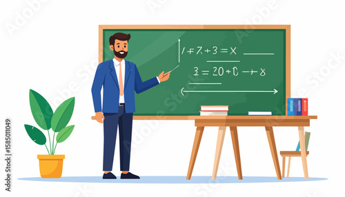 A male teacher stands in front of a green chalkboard, pointing to a math equation, in a bright classroom setting.