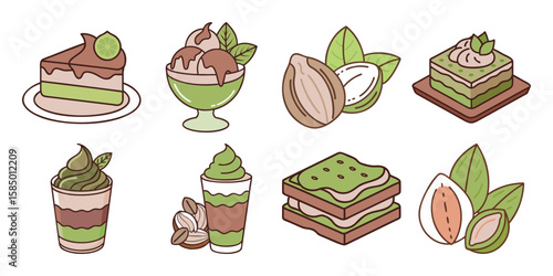 Collection of delicious desserts and nuts isolated on white background