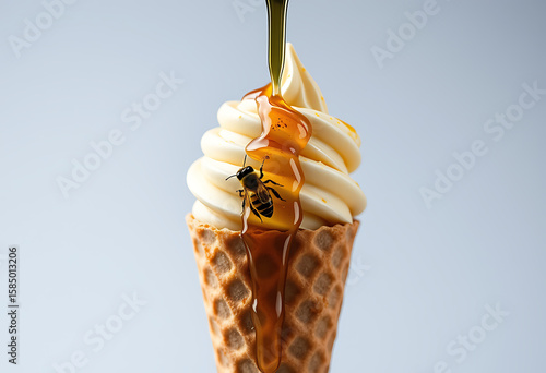 Honey Drizzled Soft Serve Ice Cream Cone with Bee;  Close-up, Gourmet, Sweet Treat.