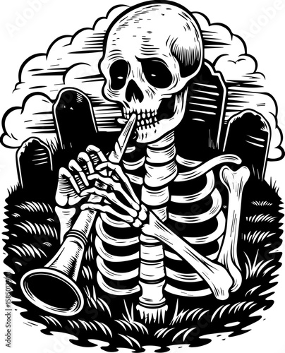 SVG of a rocker skeleton with a skull motif, perfect for edgy tattoo art. Skeleton Playing a Flute in a Graveyard Surrounded by Tombstones