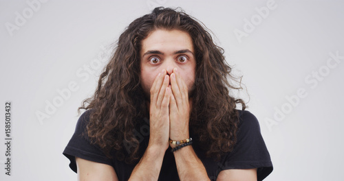 Cuadro en lienzo Scared, portrait and man with shock in studio for traumatic event, bad news or overwhelmed by fear