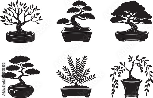 Silhouette Collection: Diverse Bonsai Trees in Traditional Pots, Unique Black and White Bonsai Tree Vector Art for Stock Illustration Use