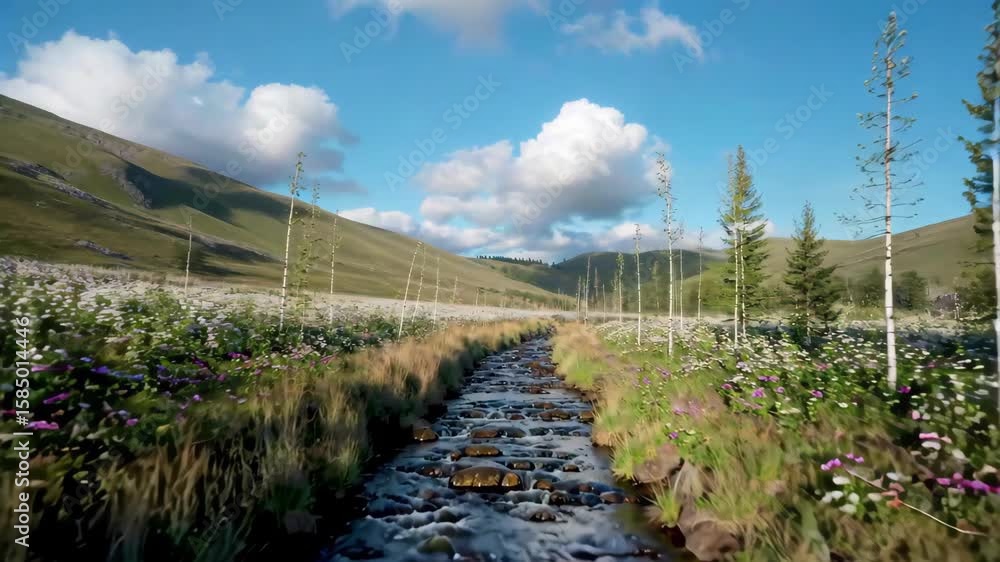 there is a stream running through a field of wildflowers there is a stream running through a field of wildflowers