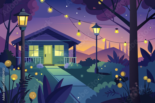 A spooky Halloween night illustration of an old haunted house with a silhouetted roof and tree against a dark, starry sky and moon, casting an eerie light over the town