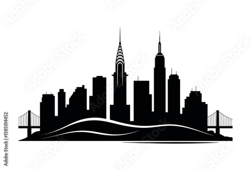 Black city skyline with bridges and waves silhouette