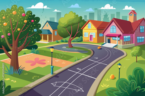 A charming cartoon village with houses, trees, and green grass under a bright sky perfectly illustrates peaceful rural life