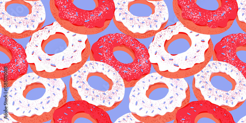 Seamless vector pattern with red and white glazed donuts topped with sprinkles on light blue background. Fun and tasty design for packaging, fabric, kids items, and branding.
