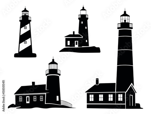 Black lighthouse silhouettes with attached buildings