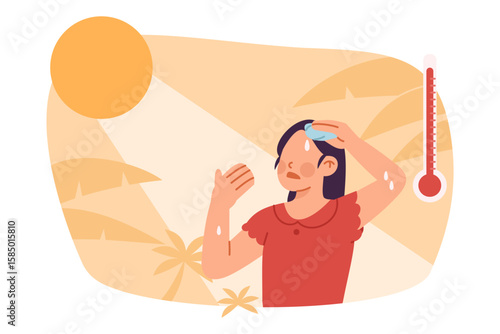 Woman wiping sweat with tissue and fanning face with hand to cool down suffering from heatwave in summer illustration, Flat design, cartoon style, vector isolated on white background