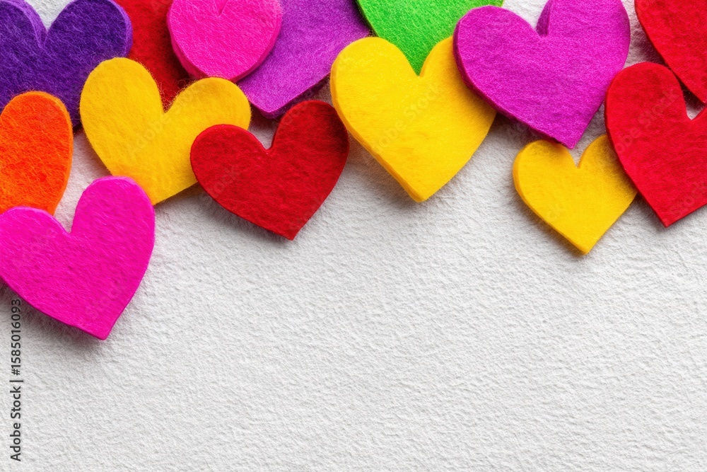 Fototapeta premium Colorful felt hearts arranged creatively on textured paper surface evoking emotions of love and affection with a focus on charming craftsmanship and artistic expression