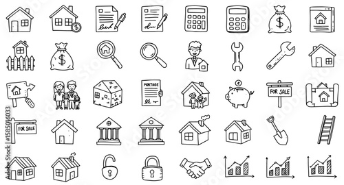 Hand-drawn Real Estate  Finance Icons: Houses, Mortgages, Money, and Home Buying