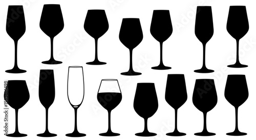 Wine Glass Icon Collection. Black Silhouette Clipart. Transparent PNG. Design Element for Projects