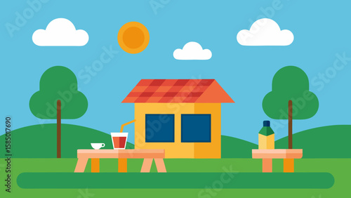 A charming cartoon house or cottage nestled in a vibrant natural landscape, perfect for a peaceful village scene under a bright sky with sun and clouds