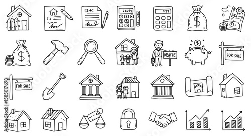 Hand Drawn Real Estate, Homeownership, Finance  Property Business Vector Icon Set