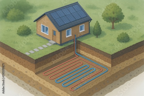 geothermal home system. A house with solar panels uses an underground geothermal heating and cooling system visible beneath the soil layers.