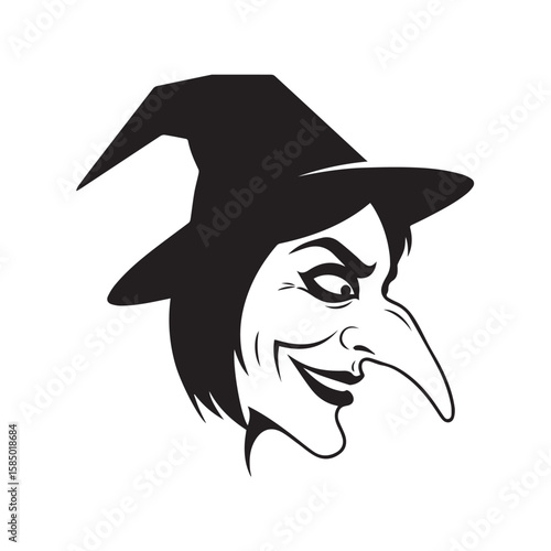 Evil witch head vector in flat black silhouette, featuring sharp facial lines, a hooked nose, and a wicked smile under a pointed hat, great for Halloween themes, posters, and creepy decor icons.