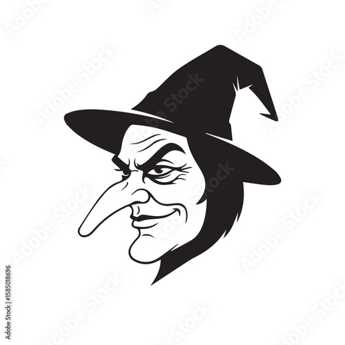 Vector illustration of a classic witch face with long nose, sly smile, and pointed hat in minimalist silhouette style, perfect for Halloween designs, spooky prints, and creepy cartoon concepts.