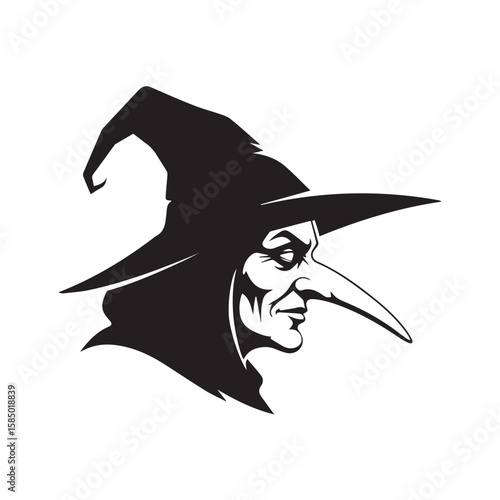 PrinCreepy female witch character in silhouette with arched eyebrows, big hooked nose, and sly smirk under a wide-brimmed hat, simple vector style ideal for seasonal design or eerie visual elements.t