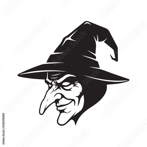 Classic witch face vector in dark silhouette style with long pointed nose and wicked expression, Halloween illustration with cartoonish detail for posters, decor, stickers, or spooky clipart use.