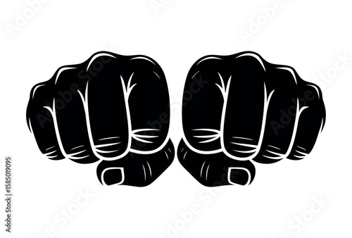 Two black fists raised forward white