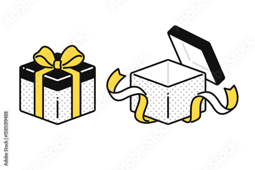 ほどけたリボンと蓋が開いたプレゼントのイラストセット