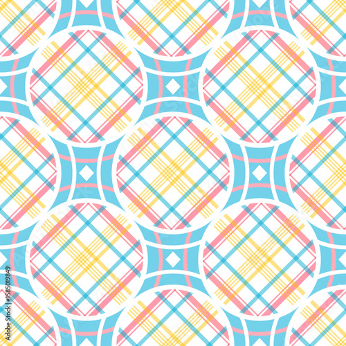 Colorful geometric pattern with circles and squares in blue, yellow, orange, and pink on white background