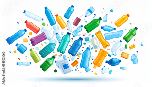 A vibrant explosion of colorful plastic bottles and packaging debris, illustrating the problem of plastic waste.