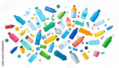 A vibrant illustration showcasing a collection of various plastic bottles, scattered.