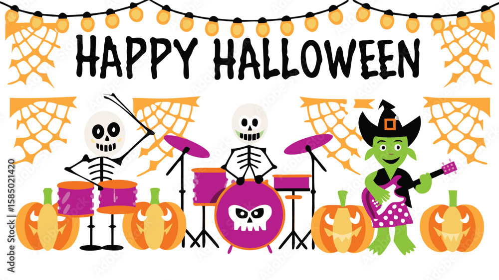 Fototapeta premium Happy halloween banner with skeletons playing drums and a witch playing guitar surrounded by pumpkins