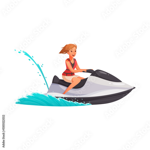 Jet Ski Adventure: A vibrant illustration of a woman, radiating joy, as she steers her jet ski across the sparkling ocean. Capture the essence of thrill, excitement.