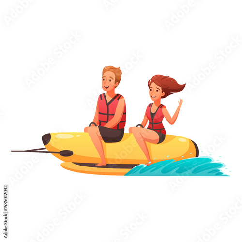 Fun on the Water: Two individuals joyfully ride a banana boat, creating a perfect summer day full of leisure, relaxation, and water sports fun.