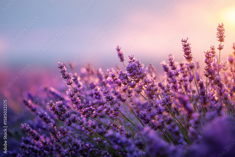 Obraz premium Lavender Field under Sun: A serene view of a blooming lavender field bathed in the warm light of the setting sun, evoking a sense of tranquility and natural beauty.