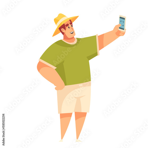 Selfie in the Sun: A vibrant illustration of a man happily capturing a self-portrait with his smartphone, a symbol of modern connection and joyful moments.