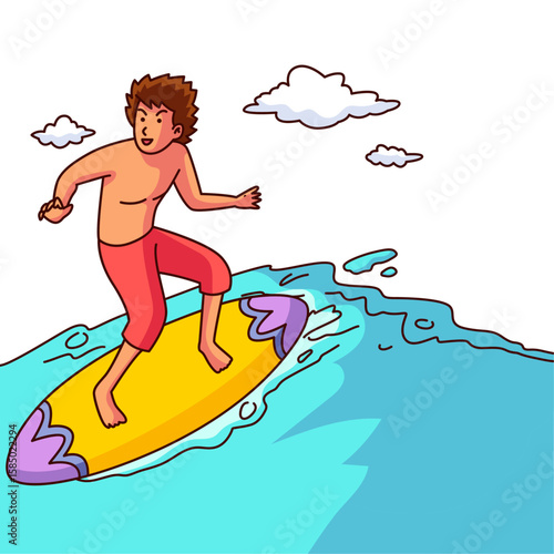 Surfing the Wave: A surfer carves through a turquoise wave on a bright sunny day. The board glides smoothly across the water, while the sun shines brightly.
