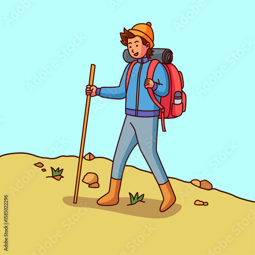 Hiking Adventure: A solo hiker embarks on a scenic journey, trekking across rugged terrain with a backpack and walking stick, embracing the thrill of exploration in a vibrant illustrated setting.