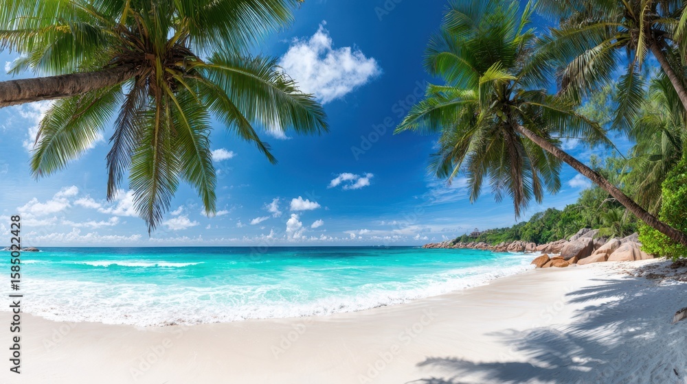 Obraz premium The serene beach scene with palm trees and turquoise ocean waves.