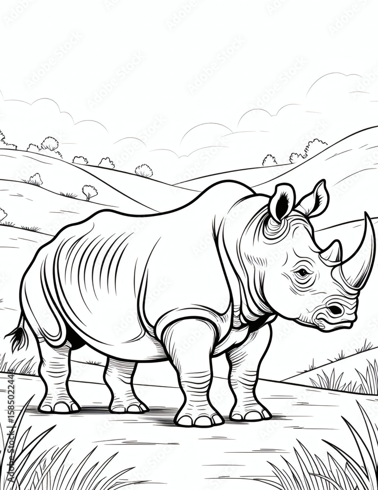 Fototapeta premium Powerful Rhinoceros Coloring Page for Kids - Printable Wild Animal Outline Art