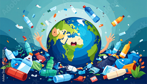 Cartoon Earth surrounded by plastic waste, showing concern and distress about environmental pollution.