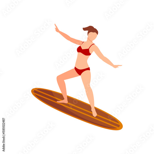 Woman Surfing Summer Fun: A young woman in a red bikini skillfully rides a longboard surfboard, demonstrating balance and grace.  The sun shines above, and the ocean awaits.