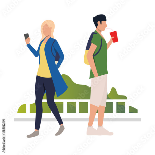 Urban Leisure: Two individuals navigate a lively urban environment, one engrossed in a digital device, the other enjoying refreshment.