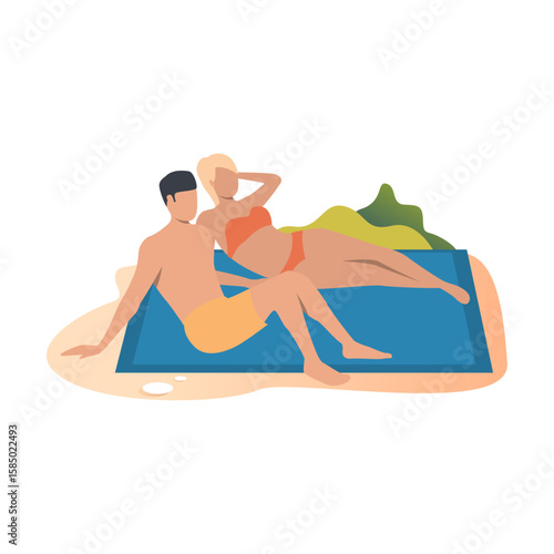 Beach Bliss: A couple, with one visibly pregnant, soaks up the sun on a sandy beach in a vector illustration radiating peace.