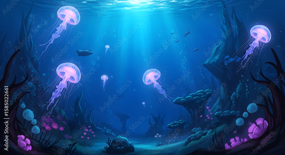 Fototapeta premium Enchanting Underwater Scene with Luminous Pink Jellyfish and Light Rays Through Water