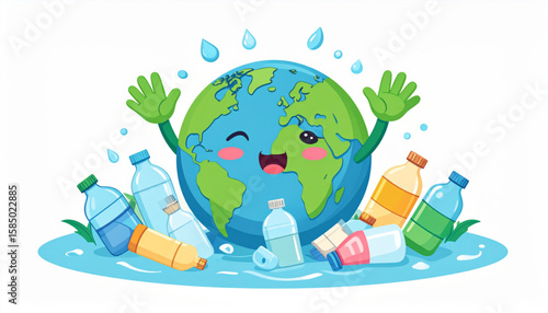 Cartoon Earth character surrounded by plastic bottles and water droplets, depicting environmental pollution.