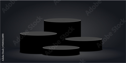 Black elegant cylinder circle podium stage platform pedestal vector. Ideal for product displays, awards, presentations, or minimalist design needing a sophisticated, sleek base.