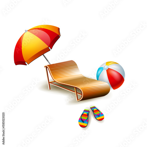 Beach Relaxation Paradise: A vibrant illustration of beachside bliss, featuring a sleek lounge chair, a colorful beach ball, a striped parasol, and a pair of whimsical flip-flops.