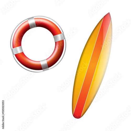Safety and Surf: A vibrant composition of a lifebuoy and surfboard, symbolizing the exhilaration of summer adventures and safety awareness.