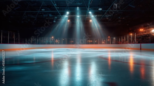The illuminated ice rink ready for an exciting hockey match.