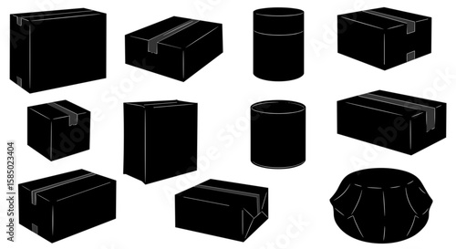 Flat Parcel Silhouettes Collection – Black Vector Icons on Transparent Background


