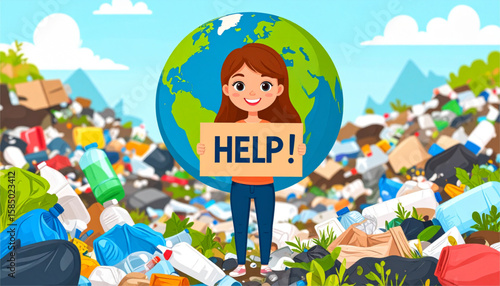 Girl pleads for help amidst overflowing trash, a large globe behind her emphasizes environmental crisis.
